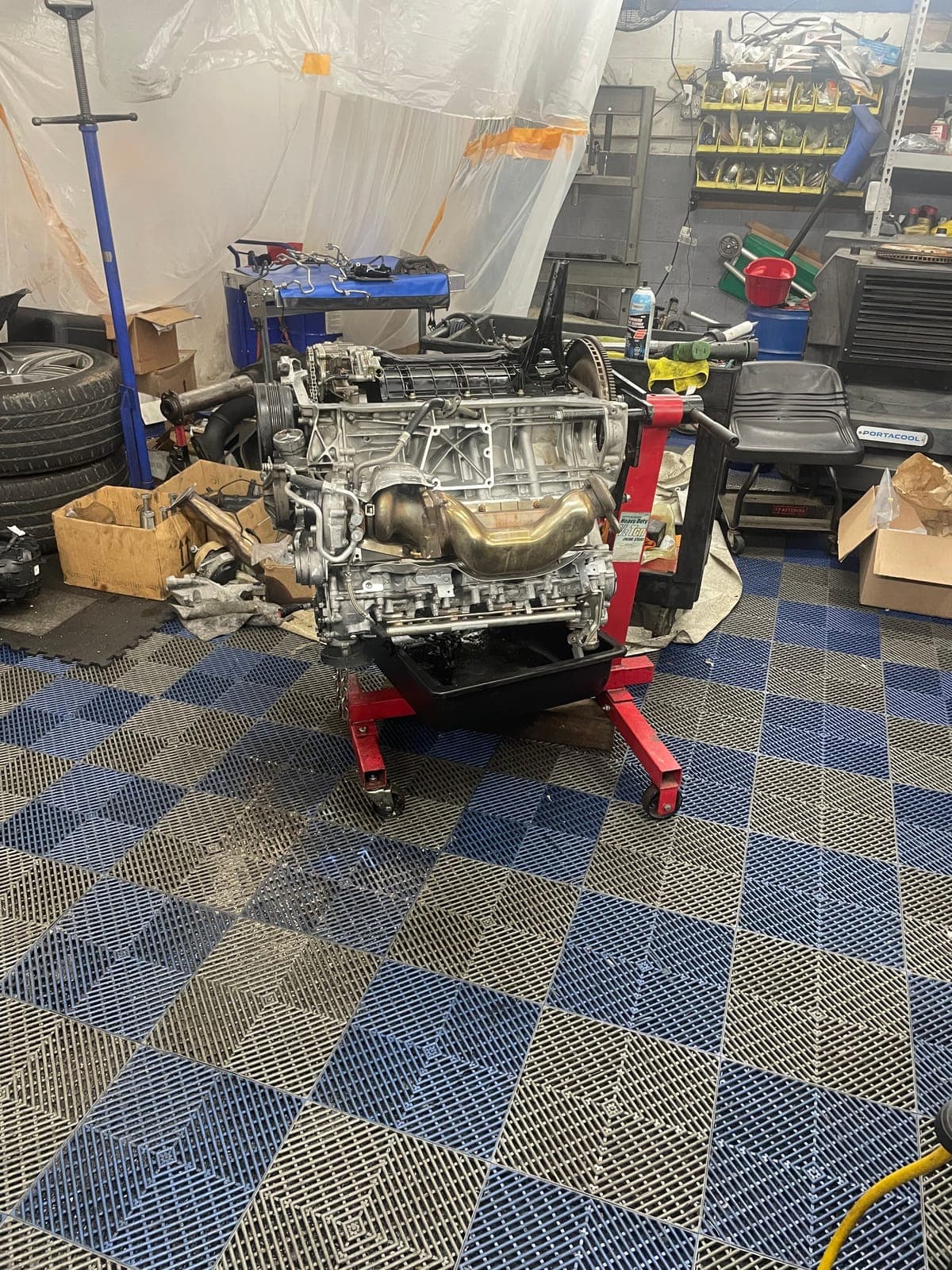 Engine on stand during rebuild